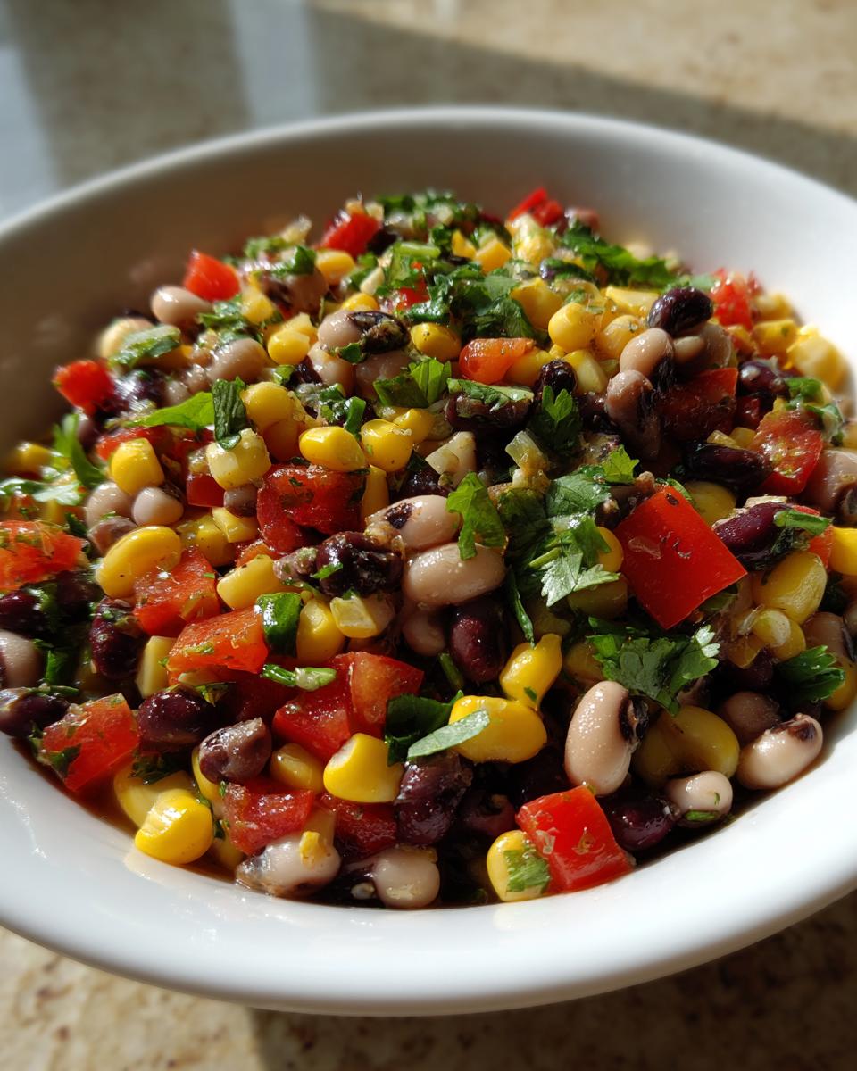 Close-up of fresh cowboy caviar recipe featuring black beans, corn, tomatoes, and cilantro in a white bowl.