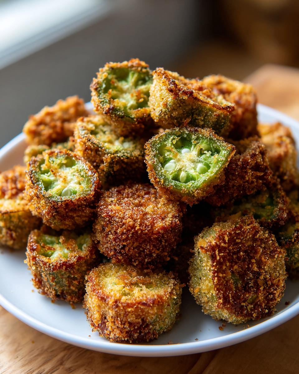 A close-up pile of golden brown, crispy fried okra recipe slices served on a white plate.