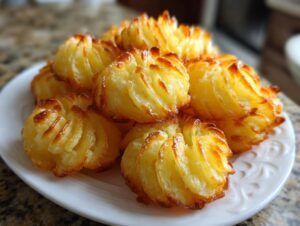 A pile of beautifully piped and baked duchess potatoes with golden brown, crispy edges on a white plate.