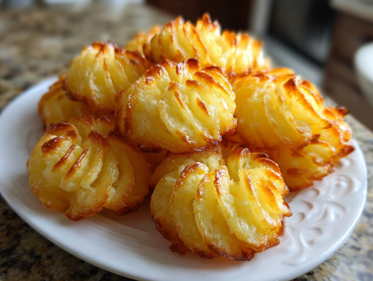 A pile of beautifully piped and baked duchess potatoes with golden brown, crispy edges on a white plate.
