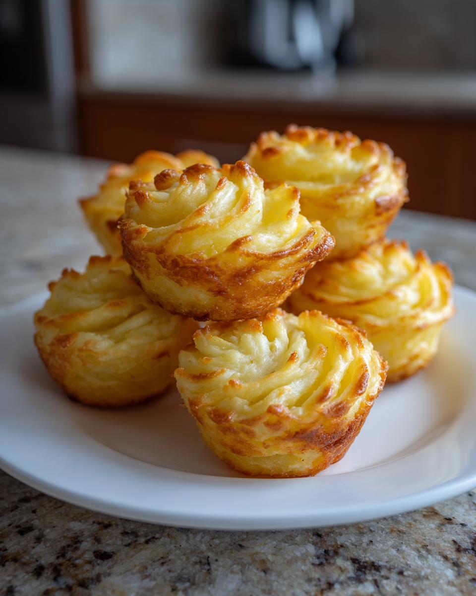 A stack of beautifully piped and baked duchess potatoes with golden brown edges on a white plate.
