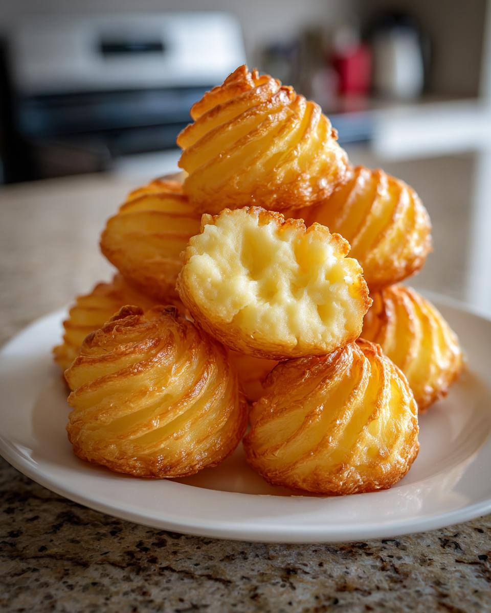 A stack of golden brown, piped duchess potatoes on a white plate, one is broken open showing the fluffy interior.