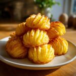 A stack of perfectly golden and crispy duchess potatoes piled high on a light plate.
