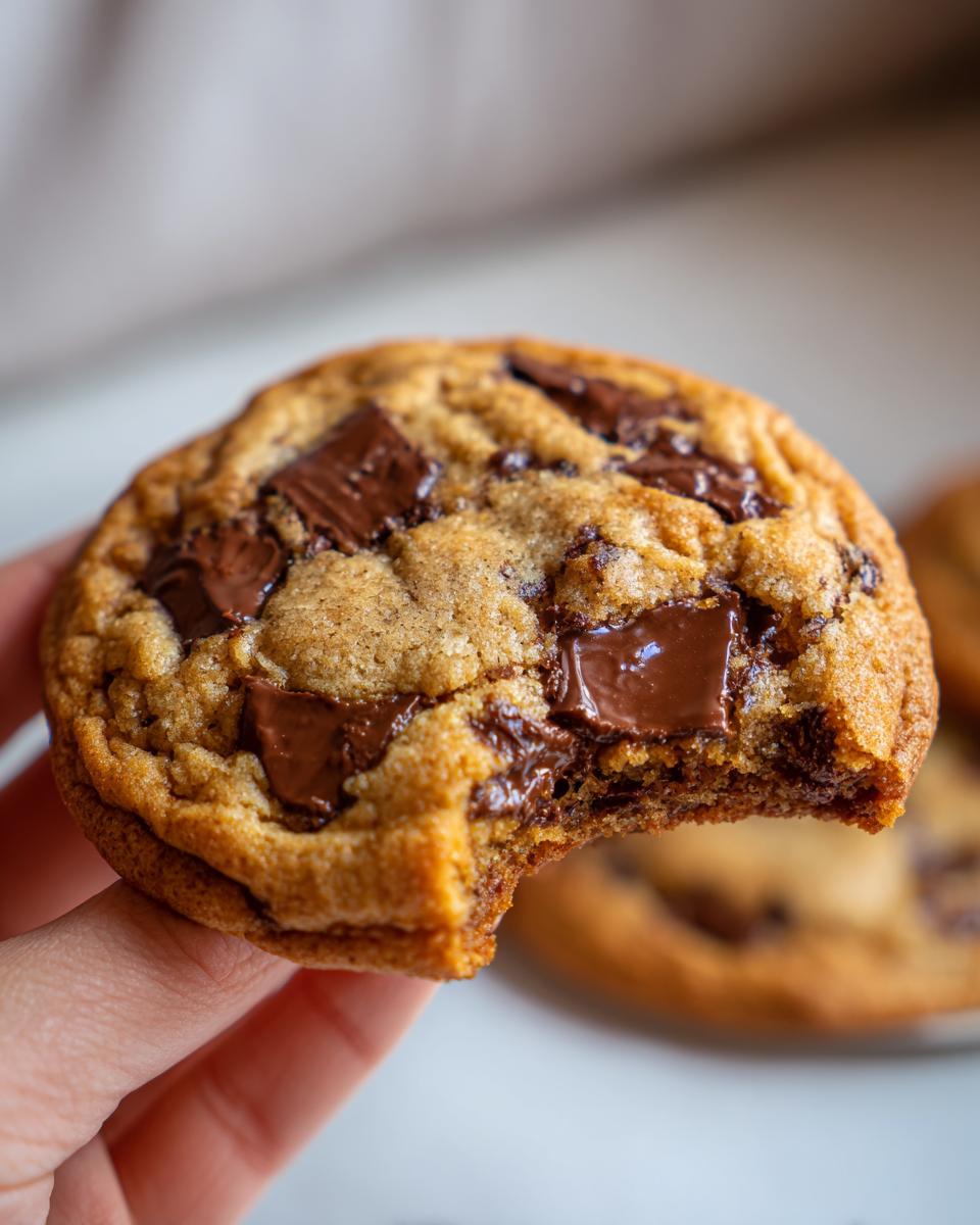 Close-up of a hand holding a gooey chocolate chip cookie with a bite taken out, showing melted chocolate chunks.