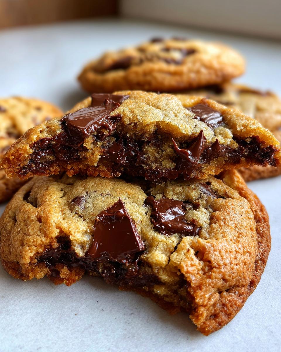 Close-up of amazing chocolate chip cookies, one broken in half showing a gooey, melted chocolate center.