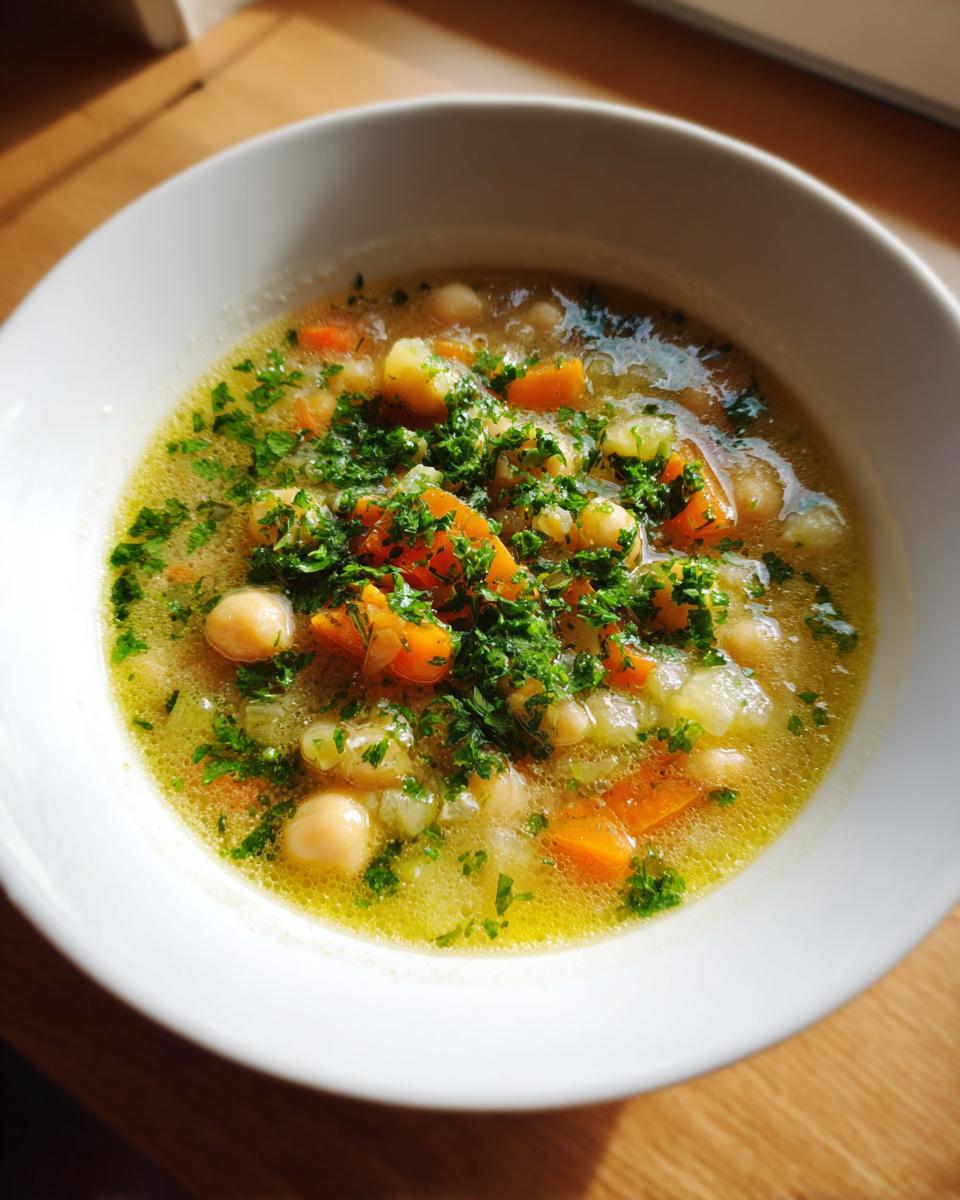 Close-up of a white bowl filled with hearty greek chickpea soup, featuring chickpeas, carrots, and topped with fresh parsley.