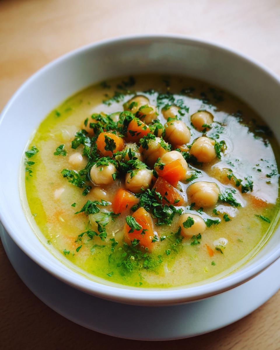 A close-up of a bowl of creamy greek chickpea soup garnished generously with fresh parsley and chunks of carrot.
