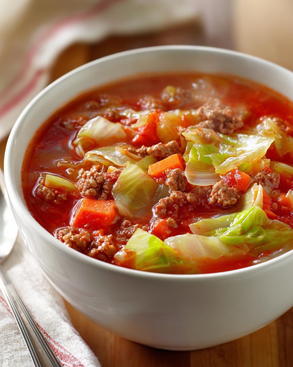 Close-up of a steaming white bowl filled with rich, tomato-based cabbage soup containing ground beef and chunks of carrot.