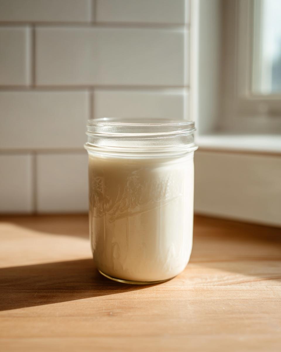 A glass mason jar filled with creamy homemade coffee creamer sitting on a sunlit wooden countertop.