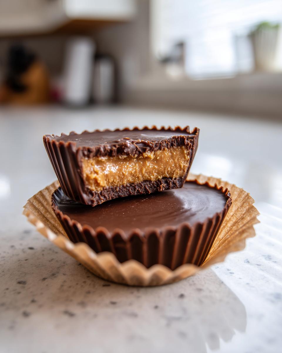 Two homemade peanut butter cups stacked, one cut in half showing the creamy filling.