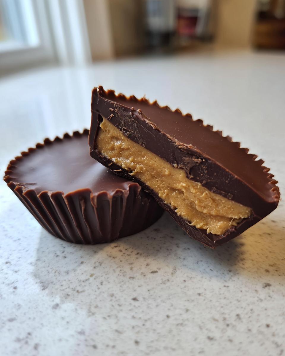 Close-up of homemade peanut butter cups, one whole and one cut in half showing the thick peanut butter filling.
