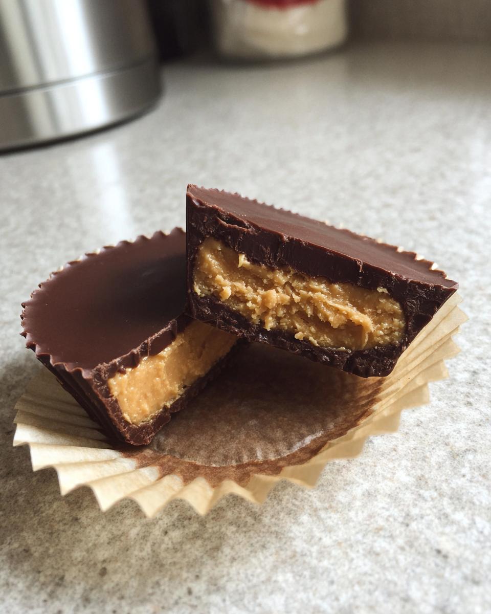A homemade peanut butter cup cut in half showing the thick, creamy peanut butter filling inside the chocolate shell.