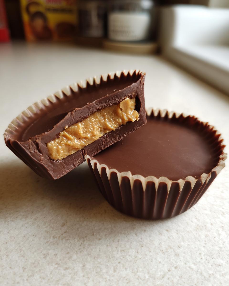 Close-up of two homemade peanut butter cups, one cut in half showing the creamy peanut butter filling.
