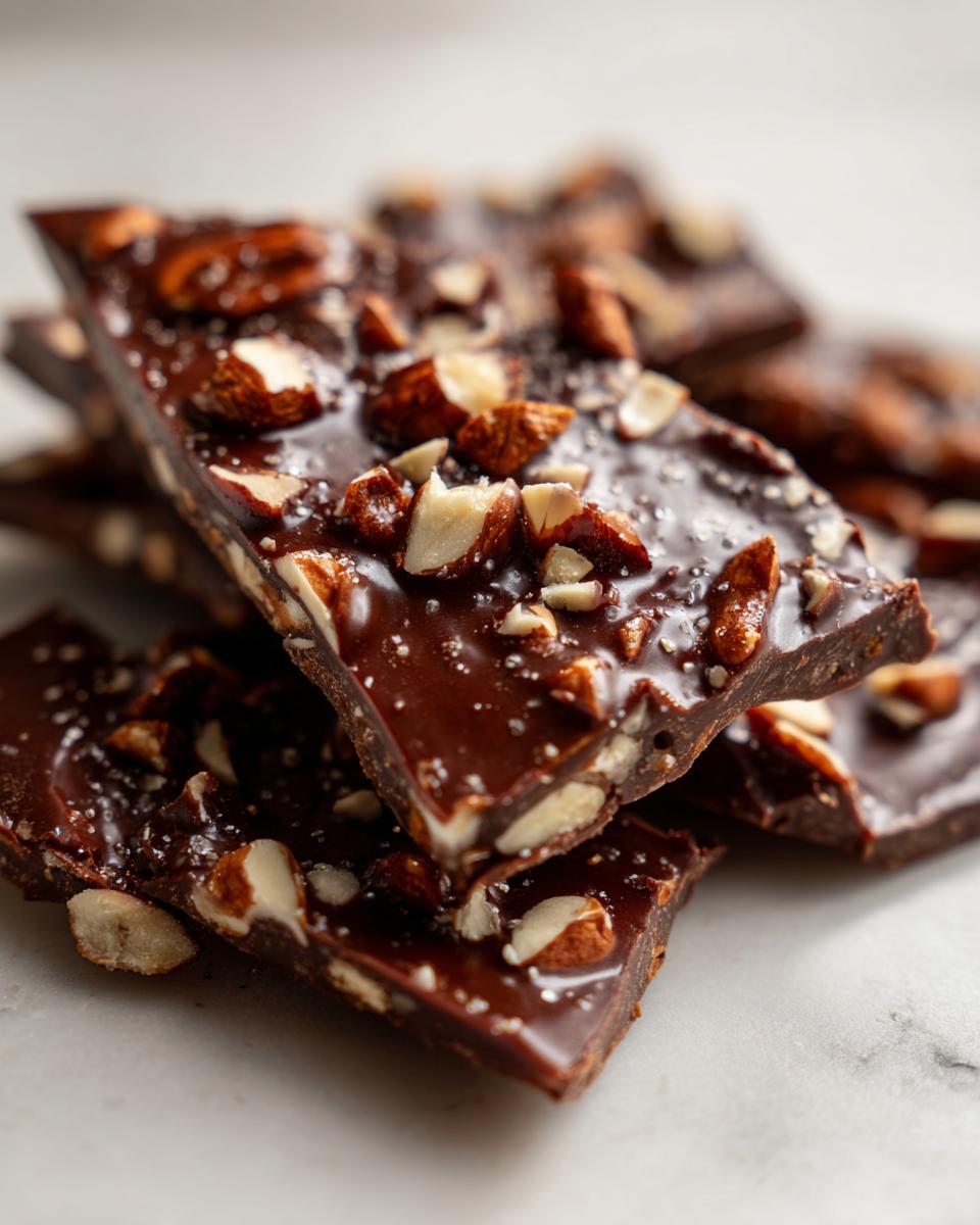 Close-up of broken pieces of rich, dark chocolate toffee recipe topped with chopped almonds and sea salt.