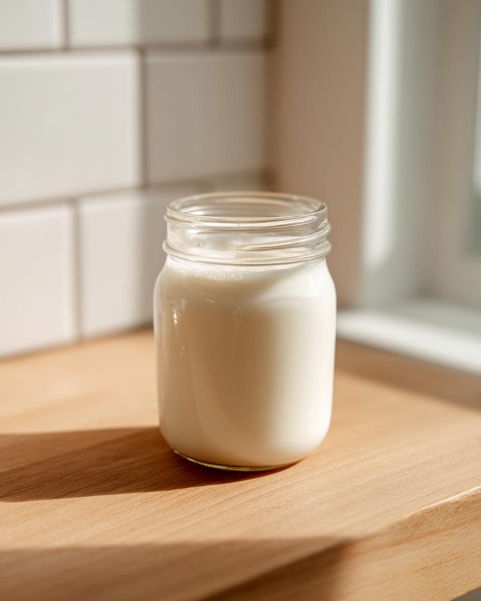 A glass jar filled with creamy homemade coffee creamer sitting on a bright wooden countertop.
