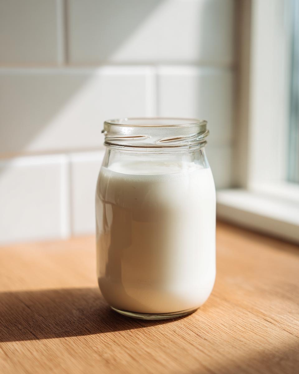 A glass jar filled with white homemade coffee creamer sitting on a sunlit wooden countertop.