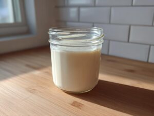A glass jar filled with creamy homemade coffee creamer sitting on a sunlit wooden countertop.