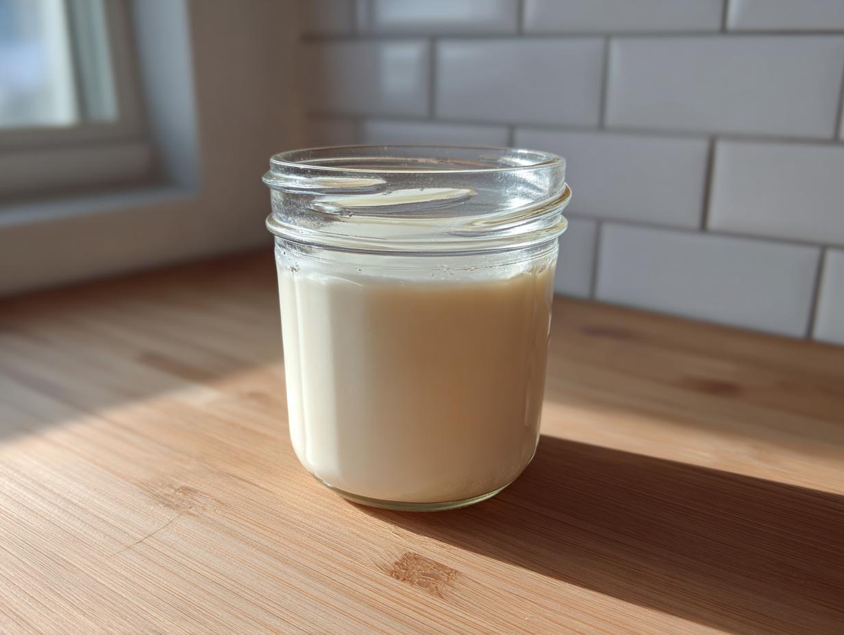 A glass jar filled with creamy homemade coffee creamer sitting on a sunlit wooden countertop.