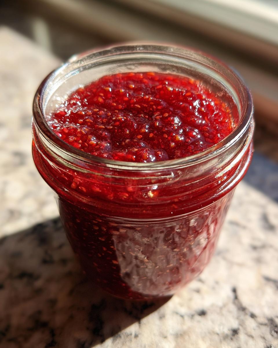 Close-up of a glass jar filled with vibrant, textured strawberry freezer jam, showing the seeds.