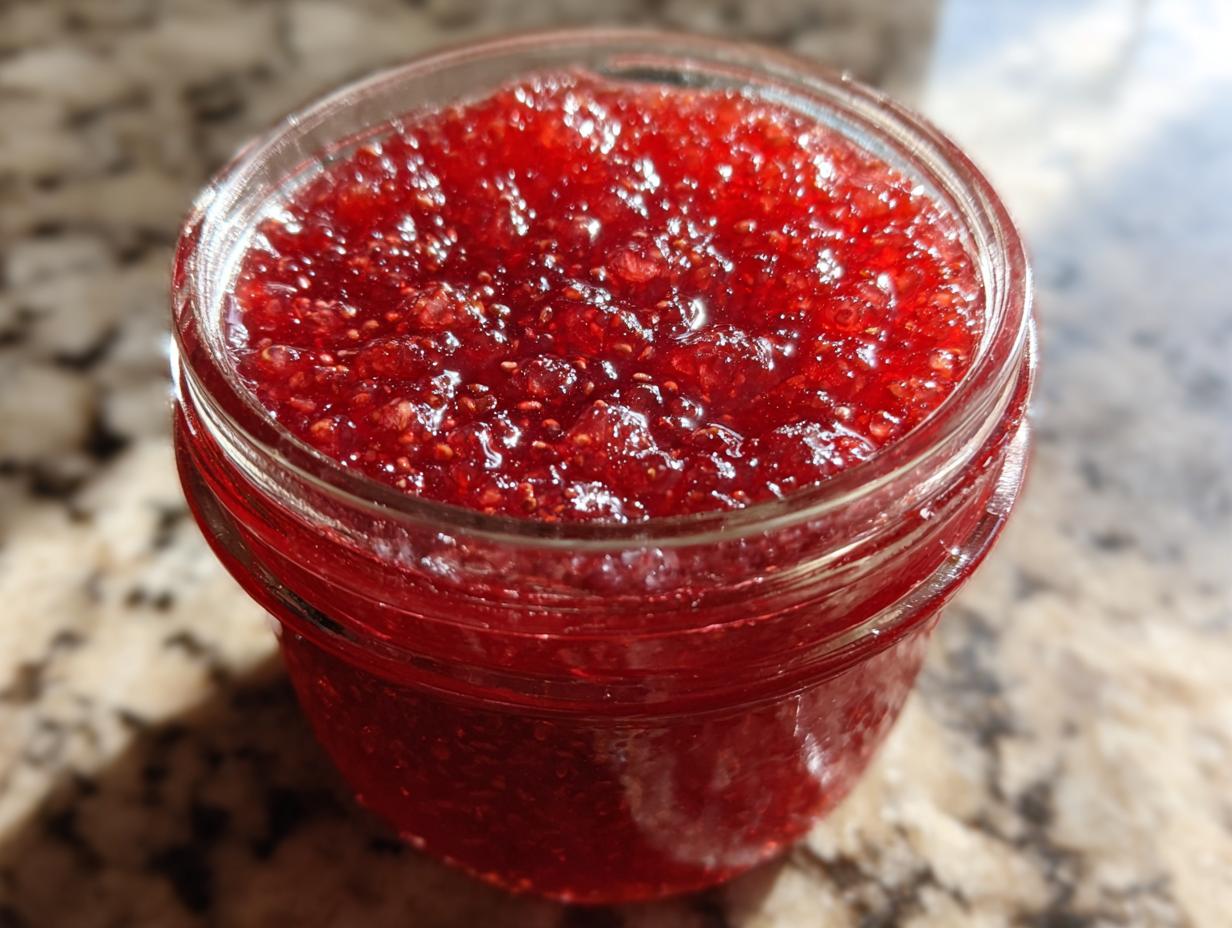 Close-up of a glass jar filled with bright red, textured strawberry freezer jam.