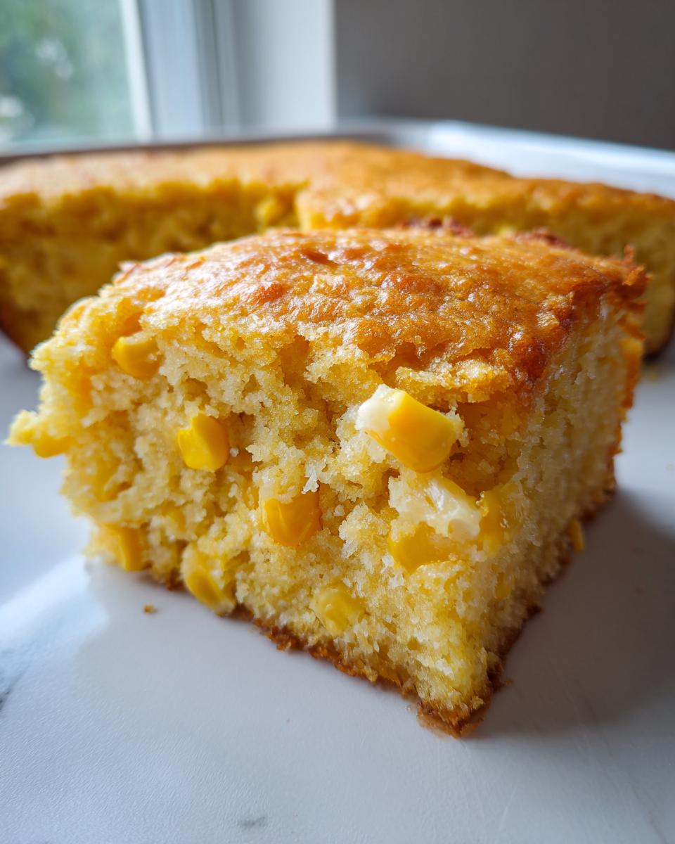 Close-up of a square slice of moist jiffy corn casserole showing whole corn kernels baked inside.