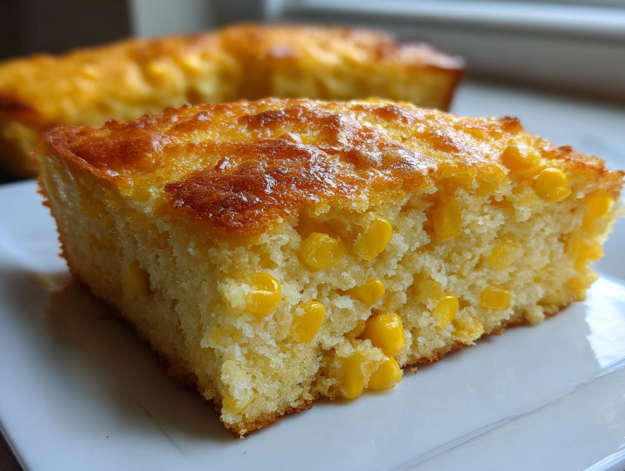 Close-up of a moist slice of jiffy corn casserole, showing whole corn kernels embedded in the golden baked bread.