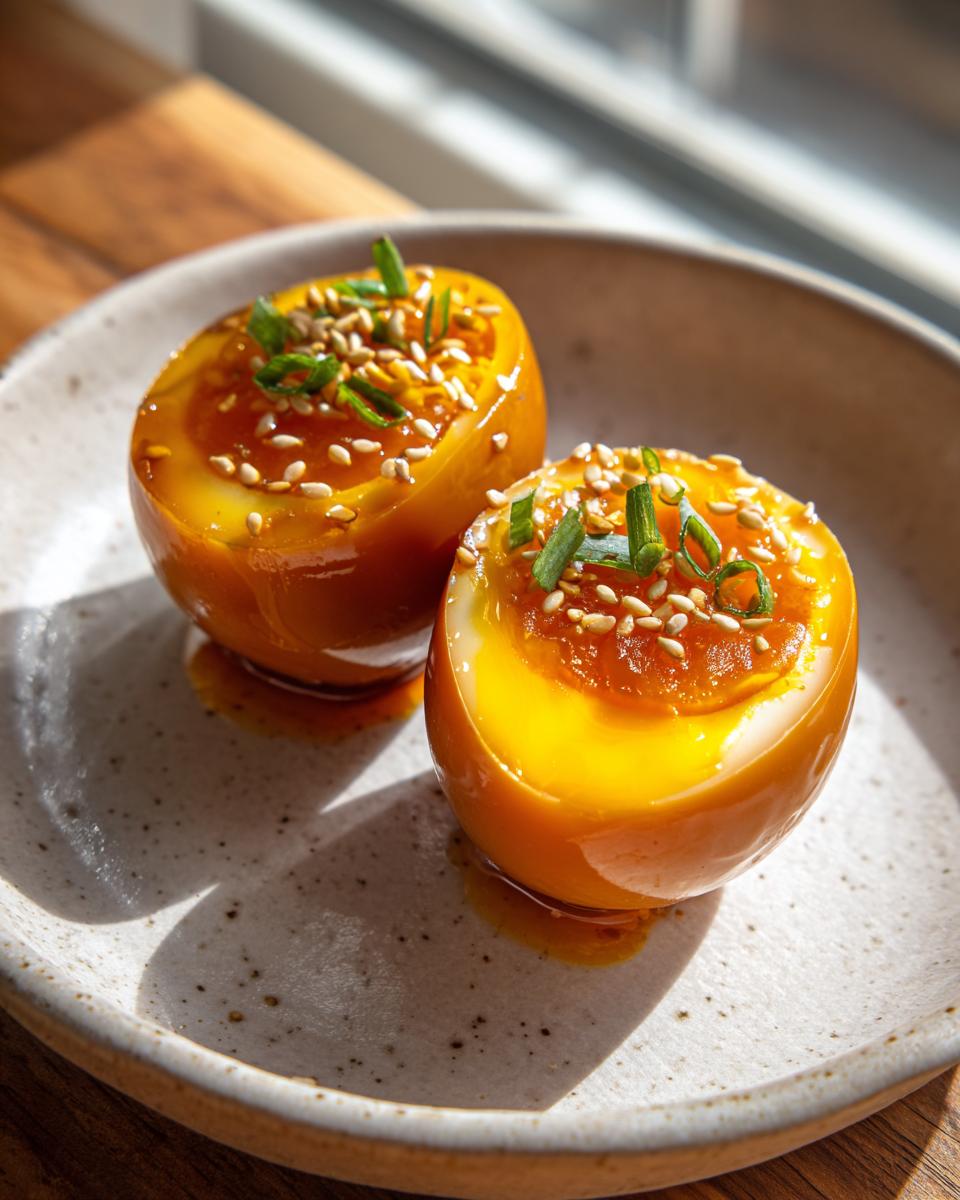 Two halves of golden marinated eggs, topped with sesame seeds and chopped green onions, sitting on a speckled plate.