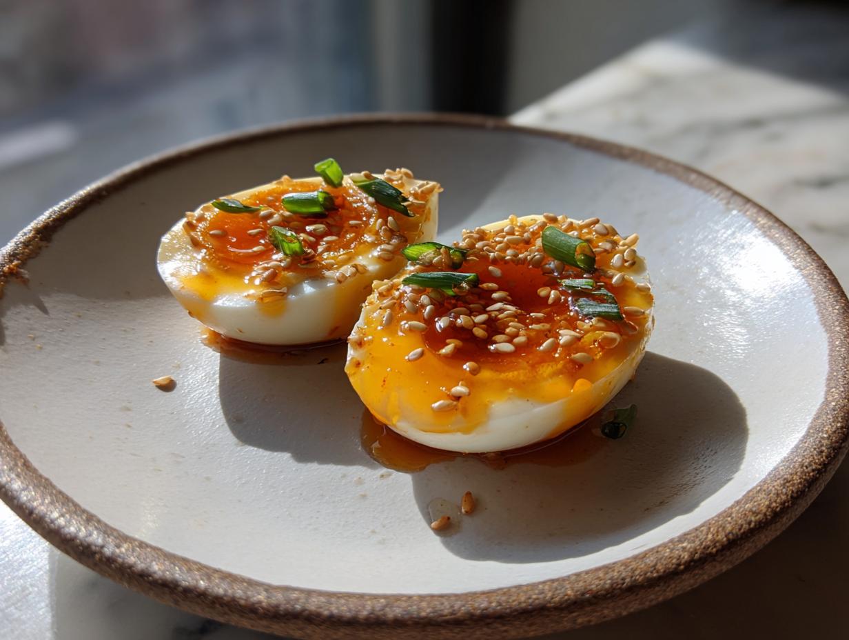 Two halves of soft-boiled marinated eggs topped with sesame seeds and green onions on a rustic plate.