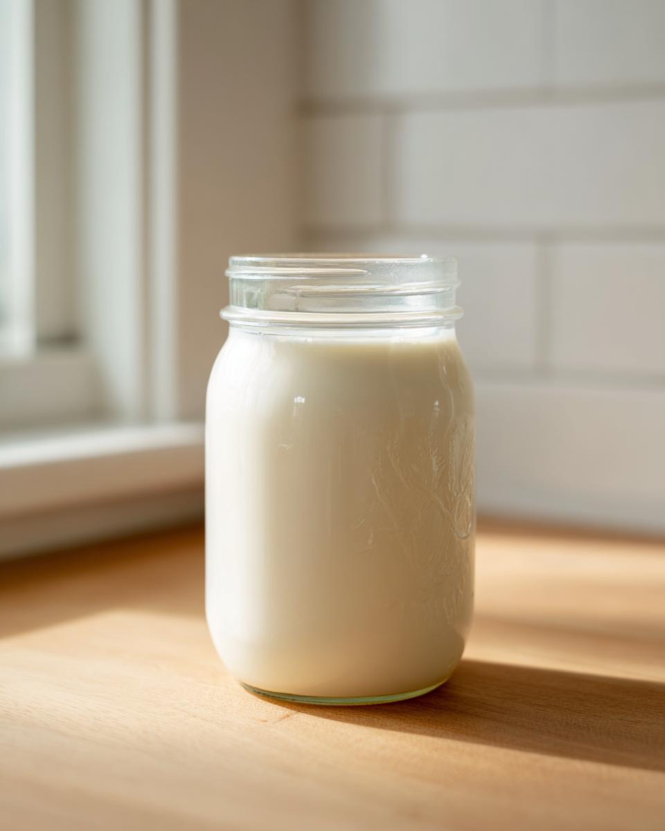 A glass mason jar filled with creamy homemade coffee creamer sitting on a sunlit wooden counter.