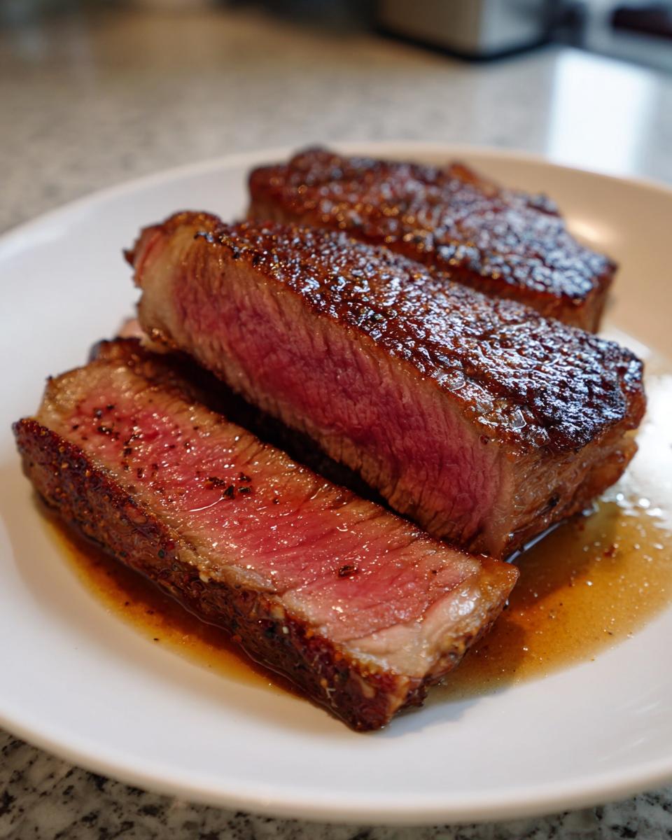Close-up of three thick slices of perfectly cooked ribeye steak showing a medium-rare pink center and dark sear.