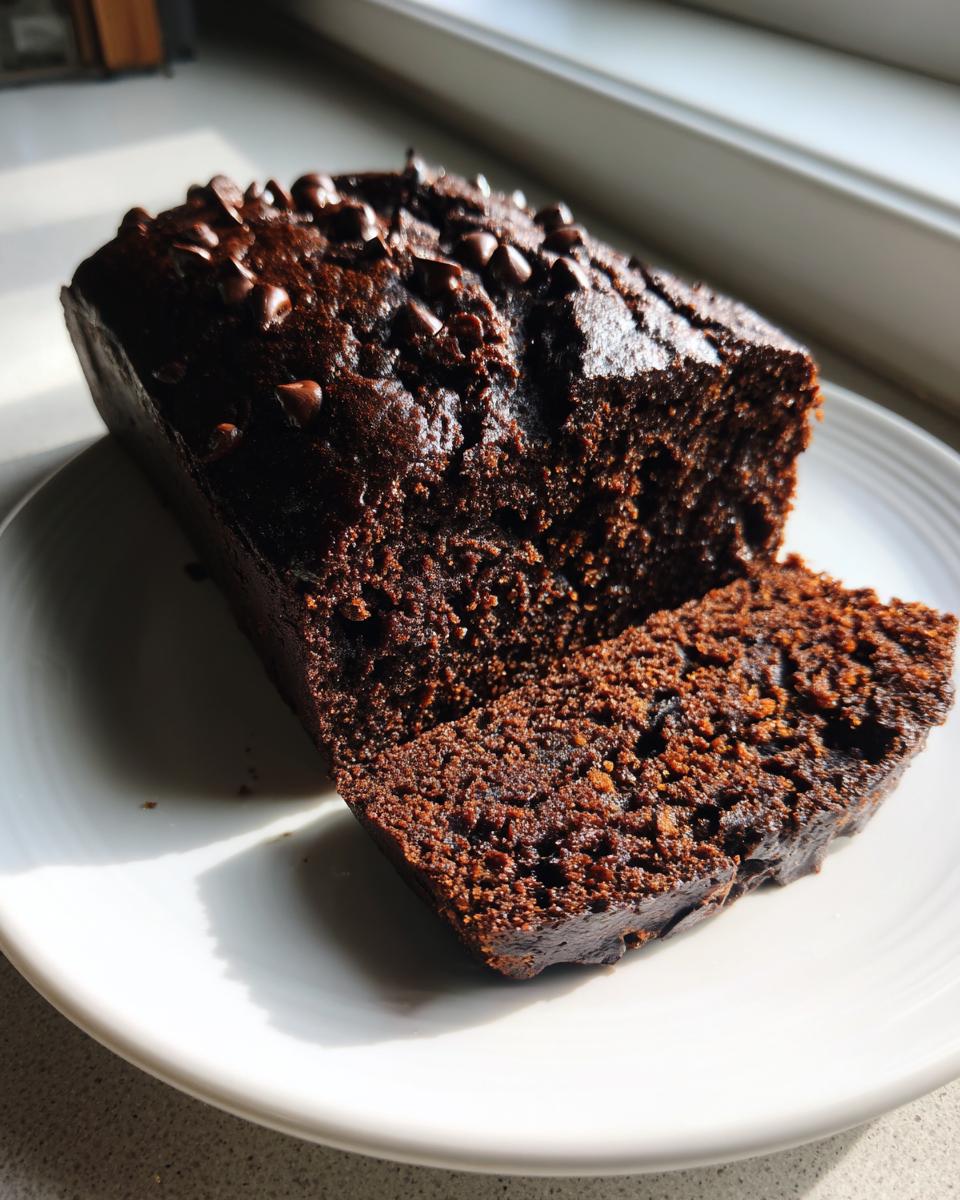 A slice cut from a dark, moist chocolate zucchini bread loaf topped with chocolate chips.
