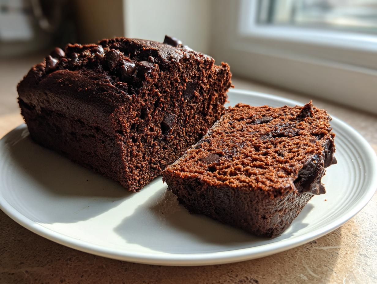 A rich, dark slice of chocolate zucchini bread next to the remaining loaf on a white plate.