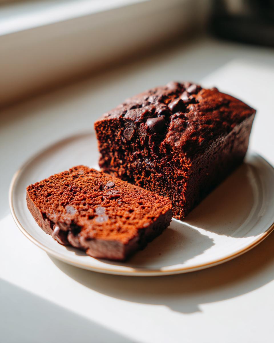 A slice of rich, dark chocolate zucchini bread next to the main loaf on a white plate.