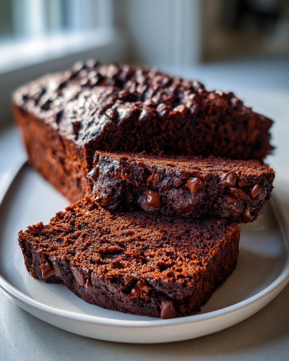 Close-up of moist chocolate zucchini bread loaf with two thick slices showing chocolate chips throughout.