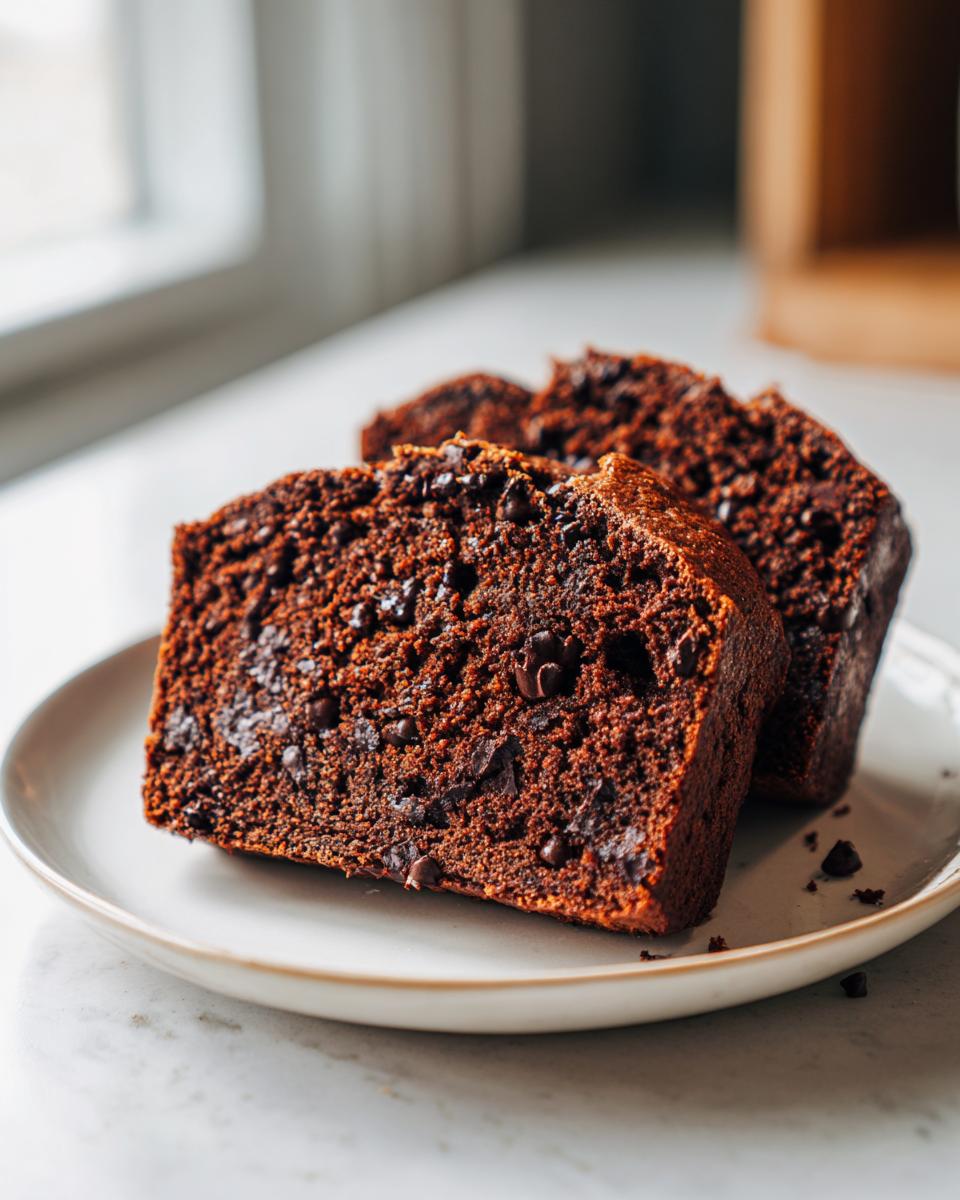 Two thick slices of moist chocolate zucchini bread packed with chocolate chips, served on a white plate.