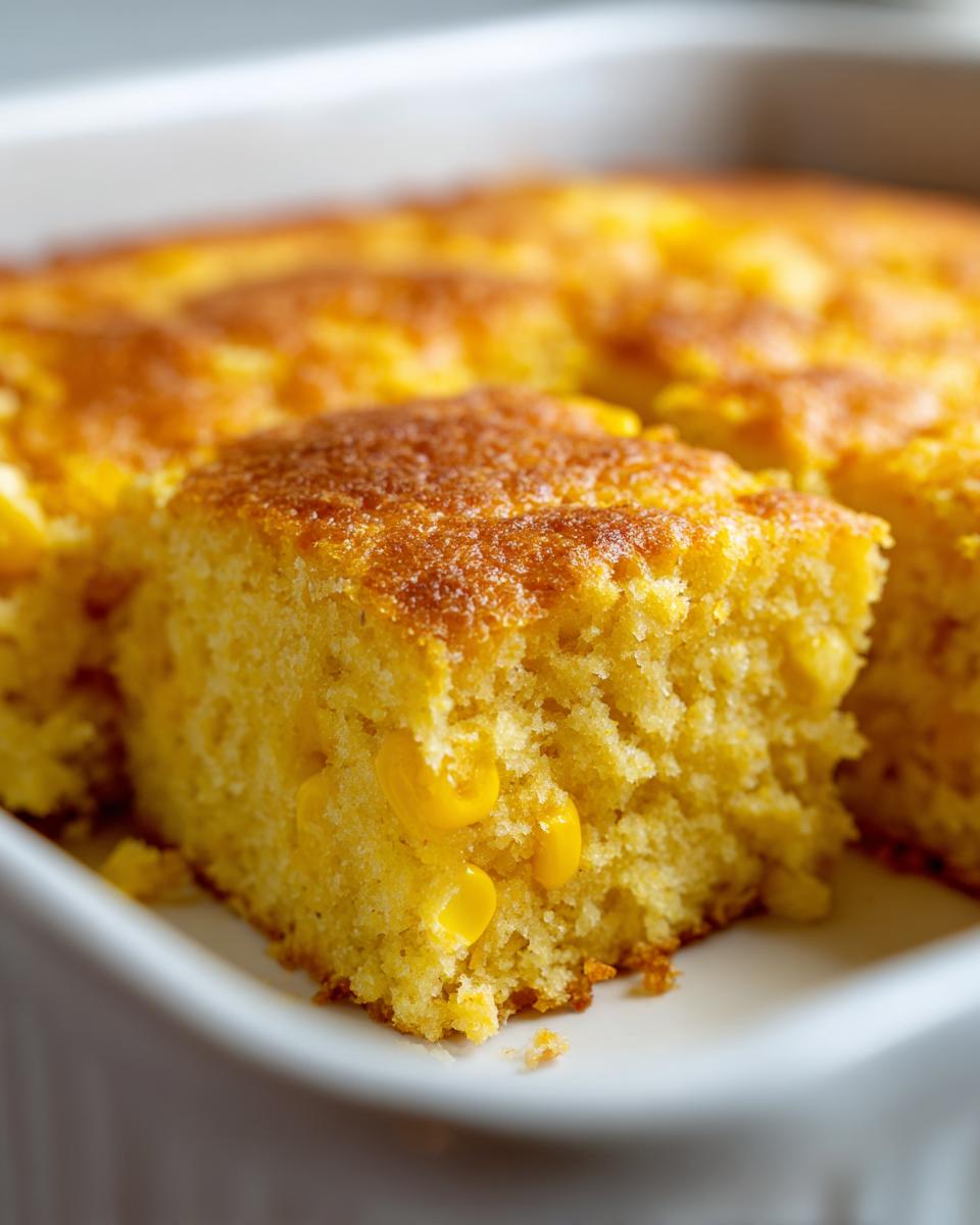Close-up of a square serving of moist jiffy corn casserole with visible whole corn kernels.