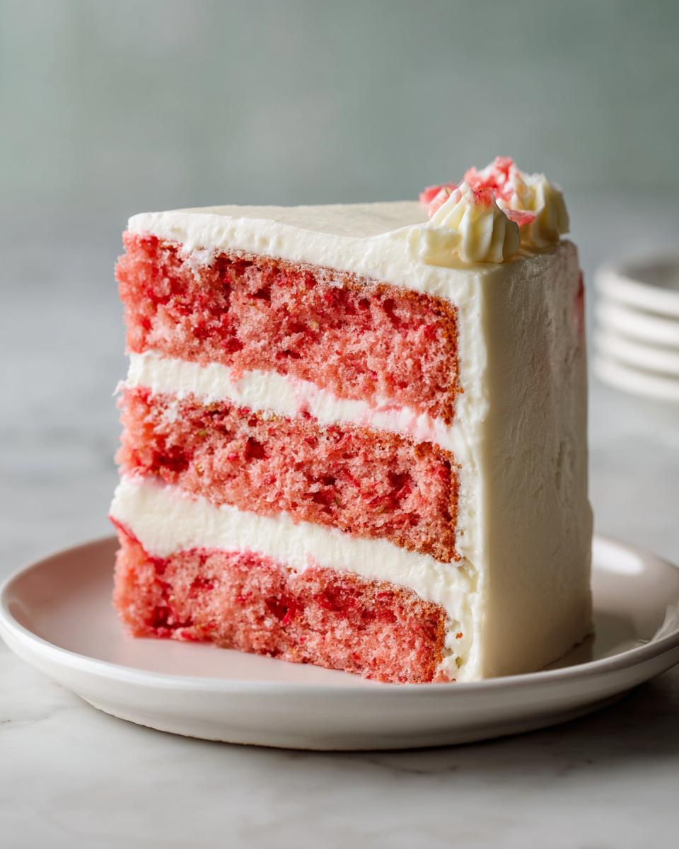 A tall slice of three-layer strawberry cake with white cream cheese frosting, sitting on a small white plate.
