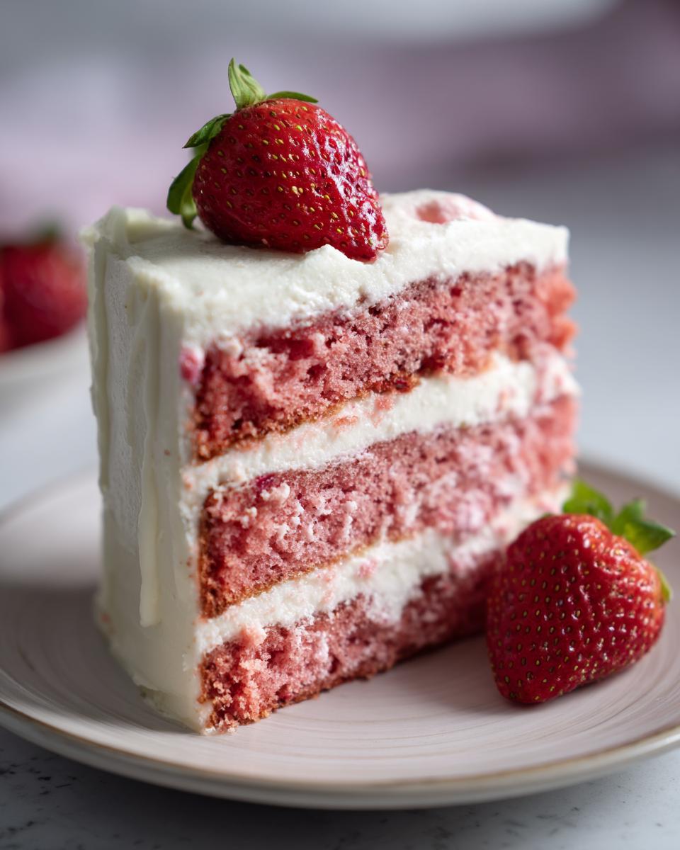 A tall slice of three-layer strawberry cake with white cream cheese frosting, topped with a fresh strawberry.