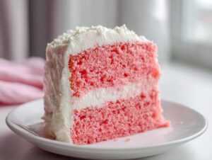 Close-up of a moist slice of pink strawberry cake layered with white cream cheese frosting.