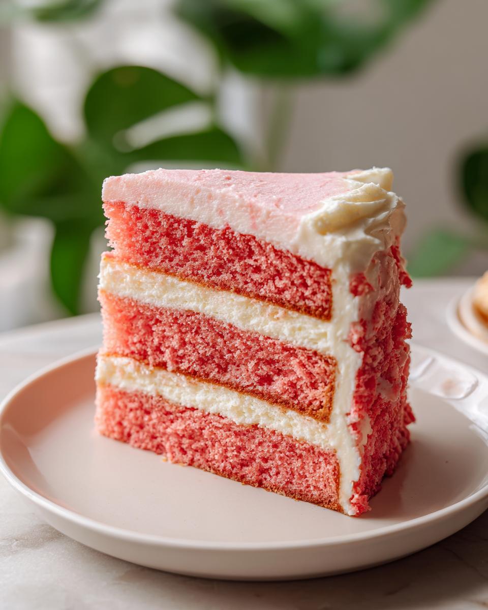 A tall, moist slice of three-layer strawberry cake with white cream cheese frosting layers.