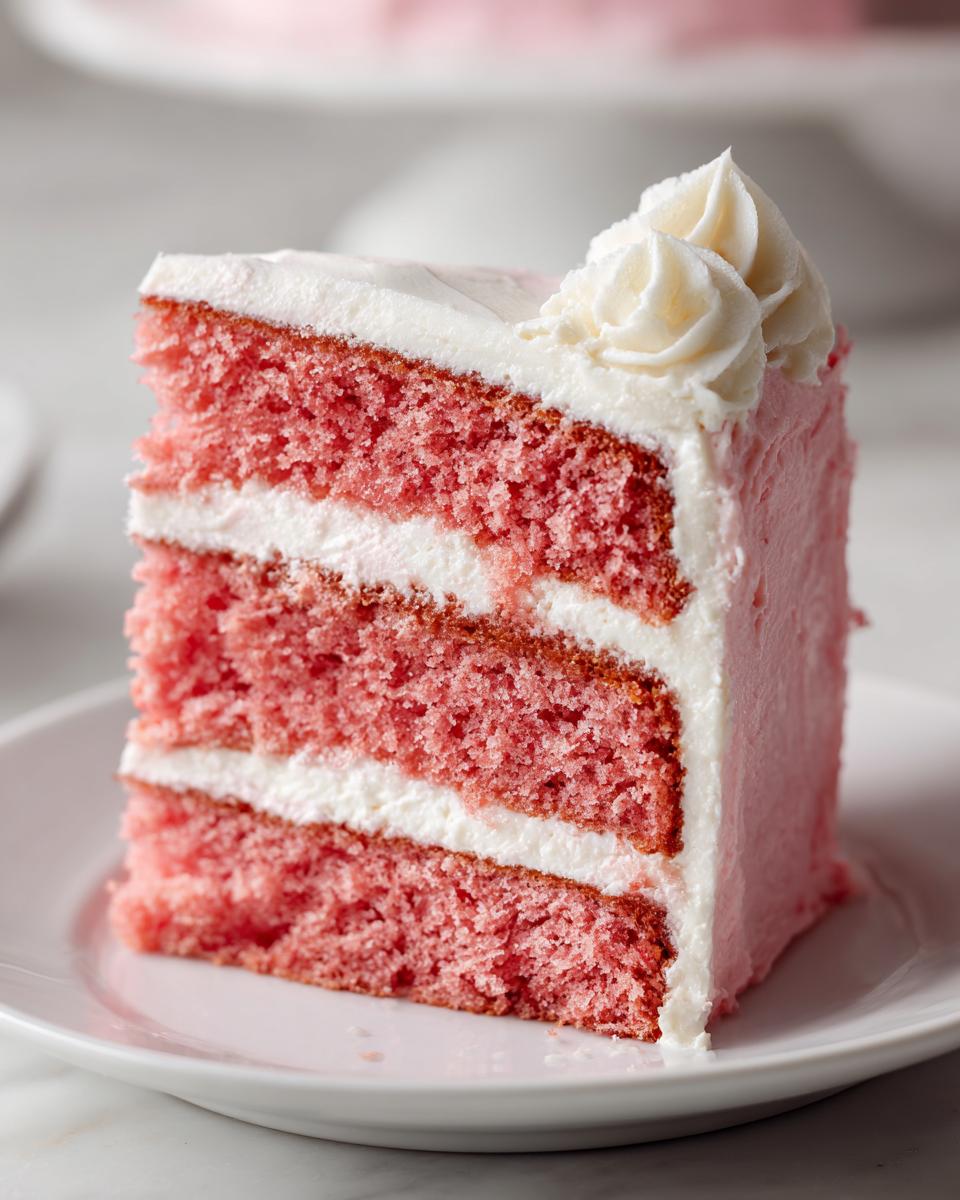 Close-up of a moist, three-layer strawberry cake slice with white cream cheese frosting layers and piped rosette.