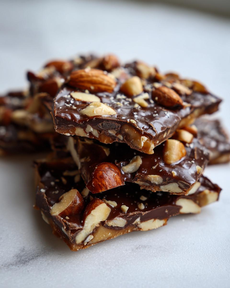 Stack of homemade chocolate toffee recipe pieces topped generously with whole and chopped almonds and hazelnuts.