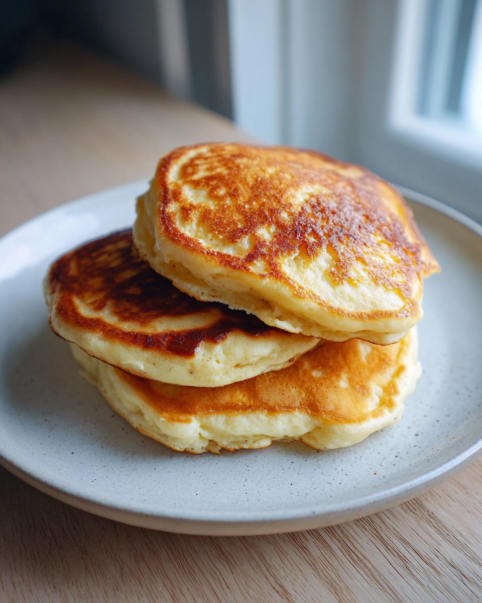 A stack of three thick, fluffy oatmeal pancakes with golden-brown edges served on a speckled plate.