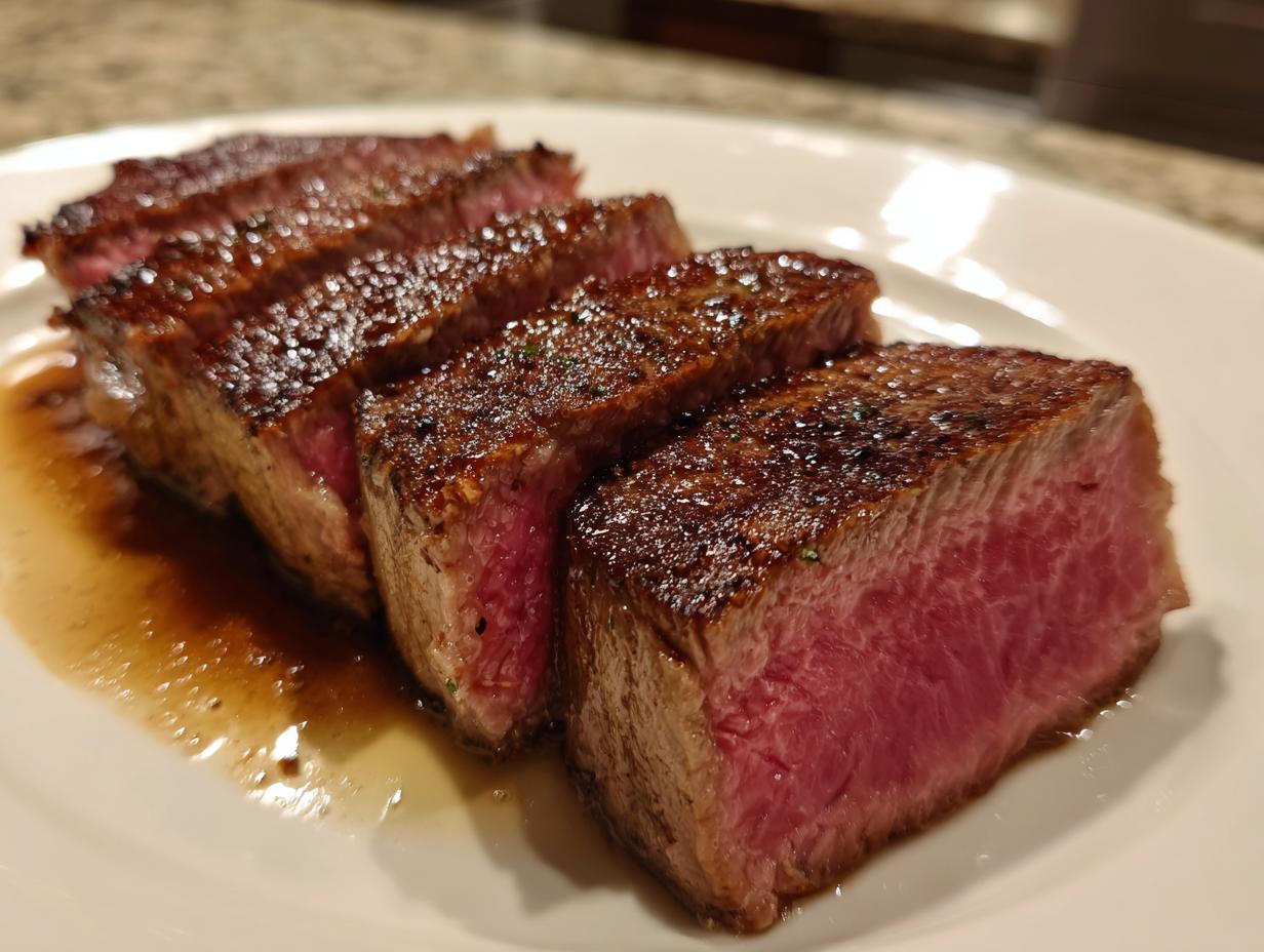 Close-up of a perfectly cooked ribeye steak, sliced to show a medium-rare interior and dark sear.