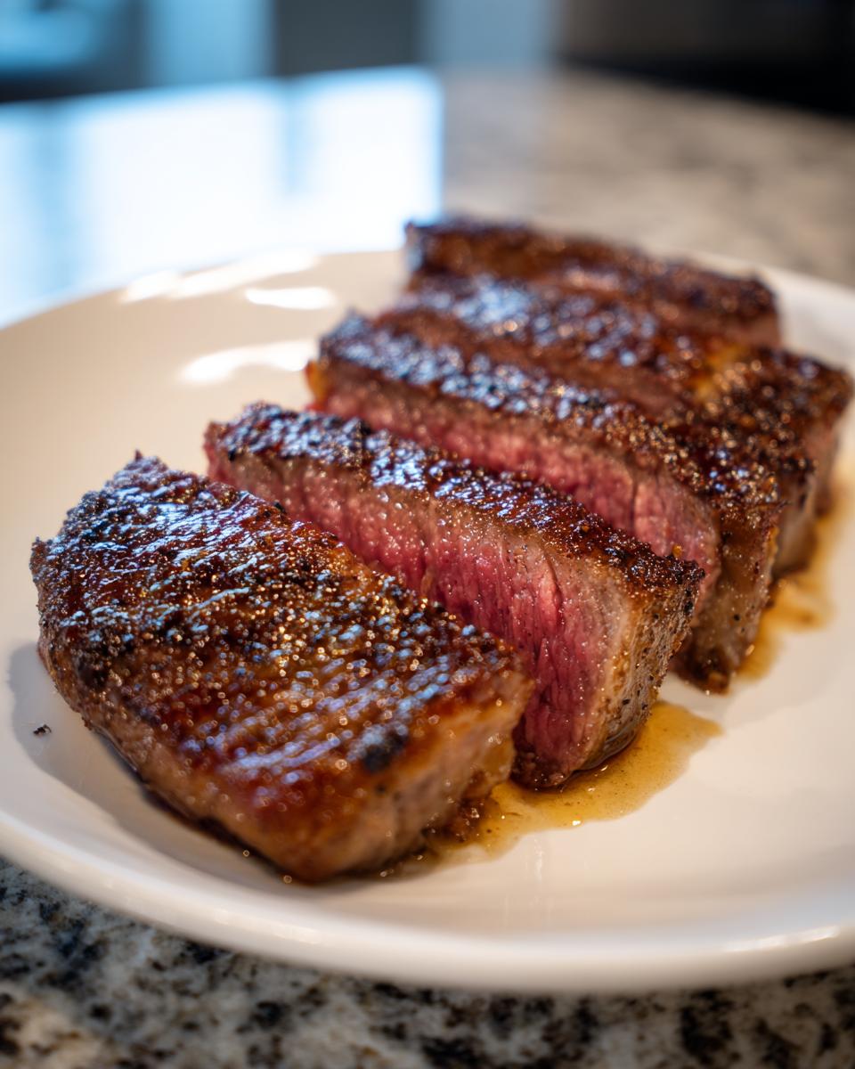 Close-up of a perfectly cooked ribeye steak, sliced to show a medium-rare center and dark sear.