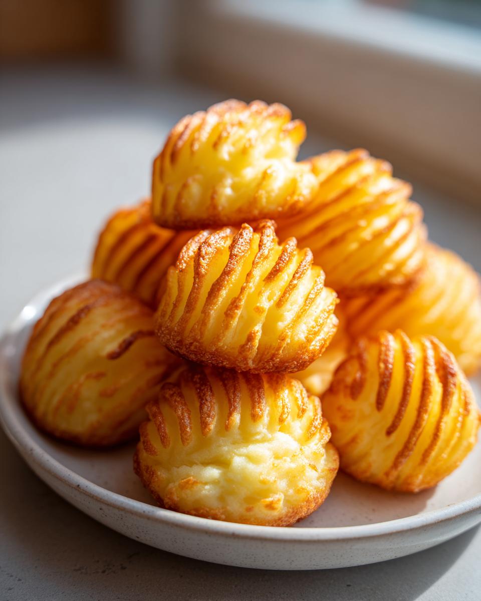 A stack of beautifully piped and golden brown duchess potatoes with ridged edges on a light ceramic plate.