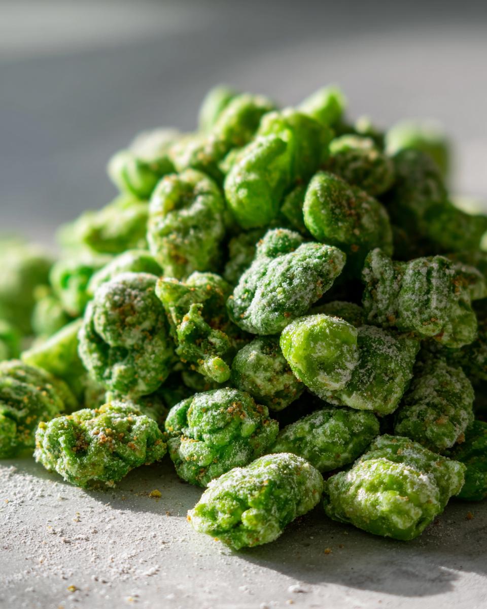Close-up of bright green, powdered pistachio puppy chow pieces piled on a light surface.