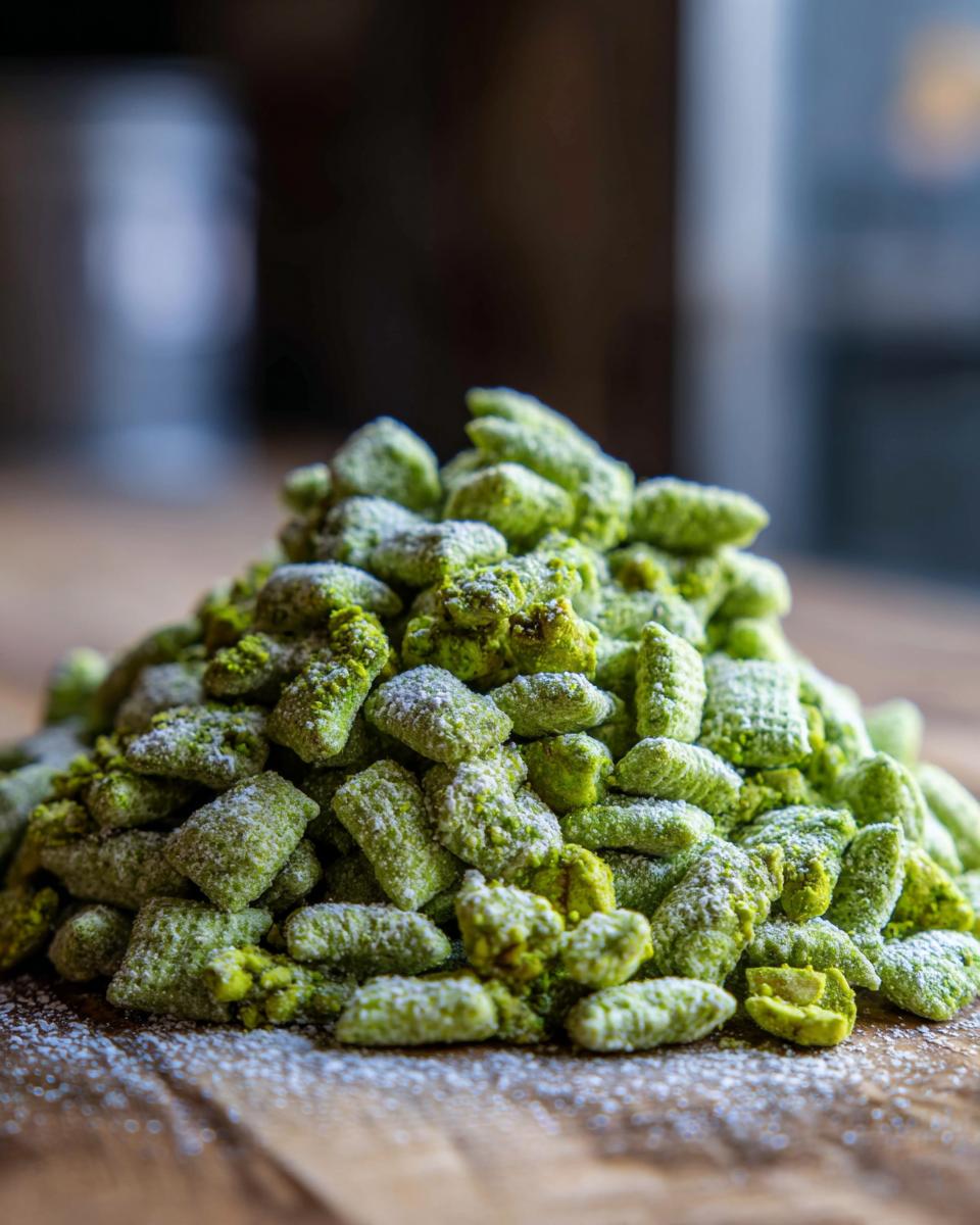 A tall pile of bright green pistachio puppy chow cereal coated in powdered sugar on a wooden surface.