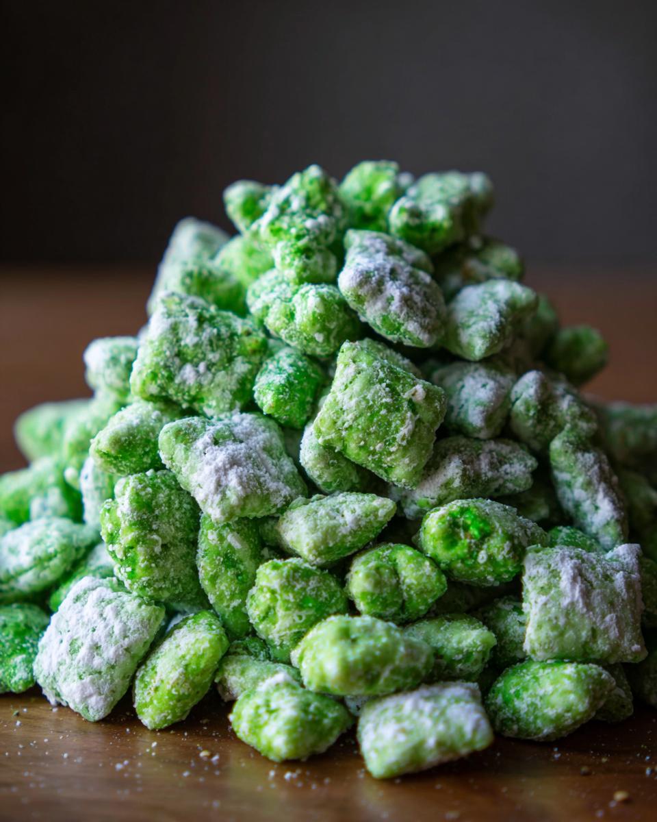 A close-up mound of bright green, powdered sugar-coated pistachio puppy chow pieces on a wooden surface.