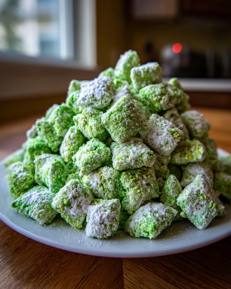 A large mound of bright green, powdered sugar-coated pistachio puppy chow piled high on a light blue plate.